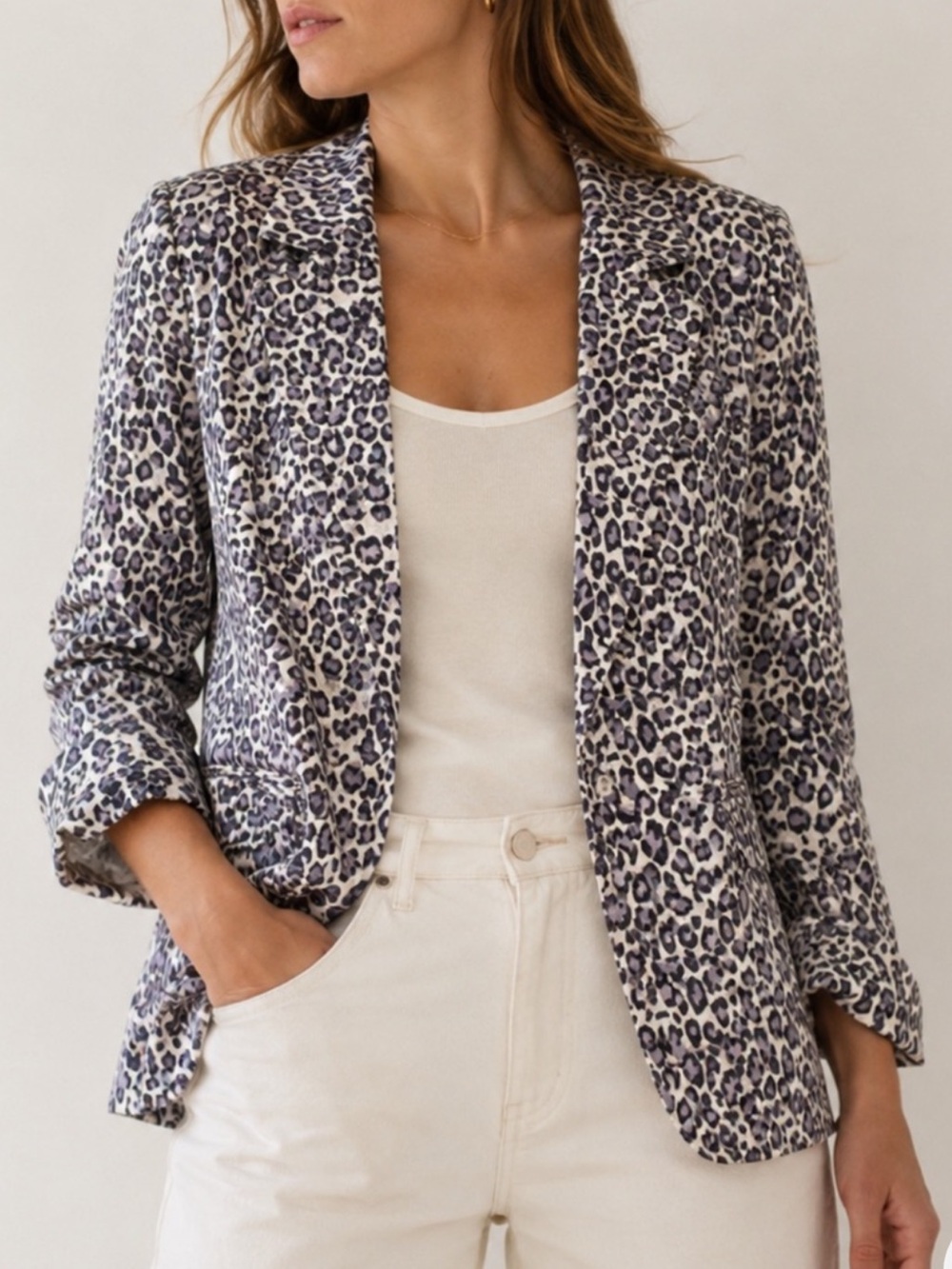 Rachel Zoe Cream & Gray Leopard-Print Open-Front Blazer